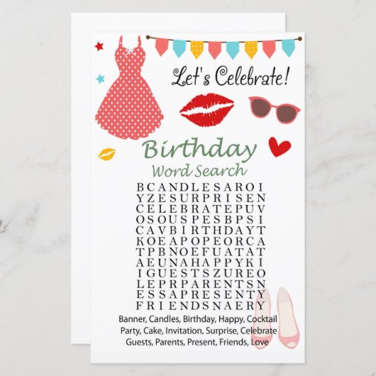 水玉模様ドレス誕生日単語検索ゲーム (正面/裏面)