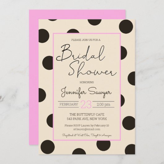 水玉模様ニュートラルブラックピンクブライダルシャワーインビタット 招待状 (正面/裏面)