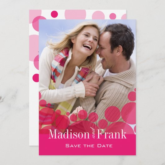 水玉模様パレードの写真の保存日付のショッキングピンク セーブザデート (正面/裏面)