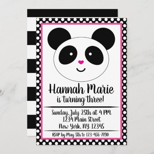 水玉模様パンダパーティー誕生日招待状 招待状 (正面/裏面)