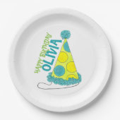 水玉模様パーティーハットハッピーバースデーお祝い ペーパープレート (正面)