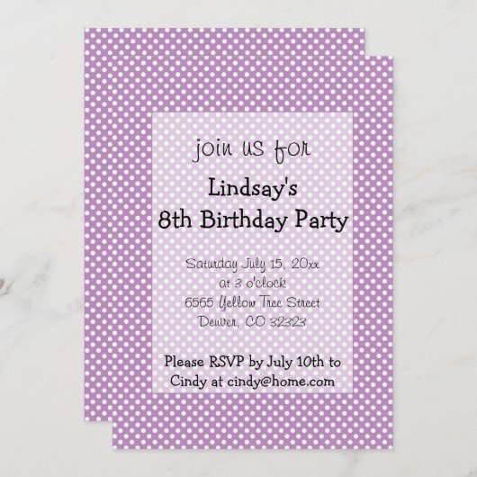 水玉模様パープルガールバースデーパーティーの招待 招待状 (正面/裏面)