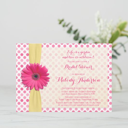 水玉模様ピンクガーベラブライダルシャワー招待 招待状 (スタンド正面)