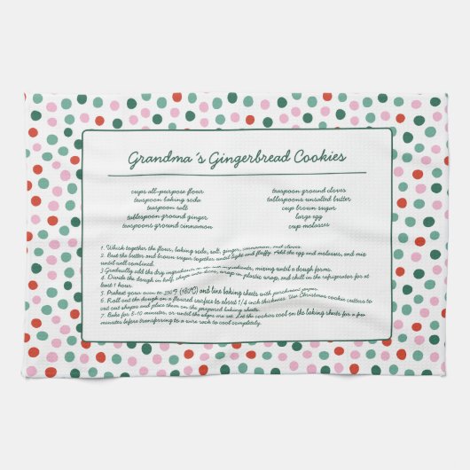 水玉模様ピンクグリーンレシピクリスマス キッチンタオル (横)