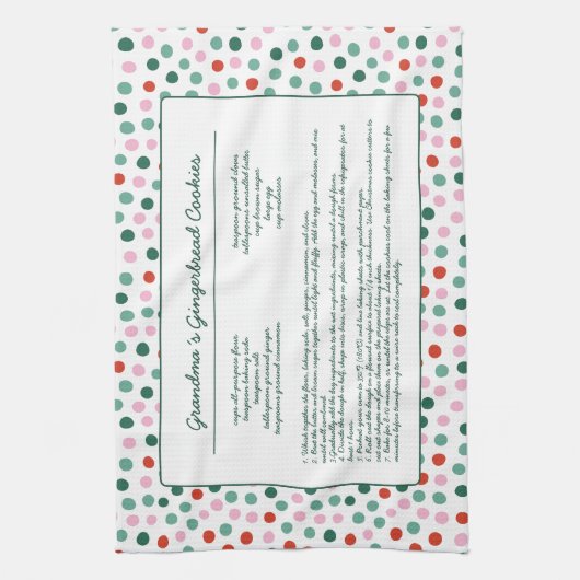水玉模様ピンクグリーンレシピクリスマス キッチンタオル (縦)