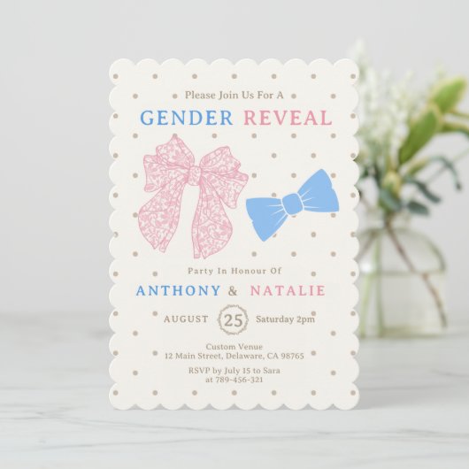 水玉模様ピンクリボンブルーボウタイジェンダーリビール 招待状 (スタンド正面)