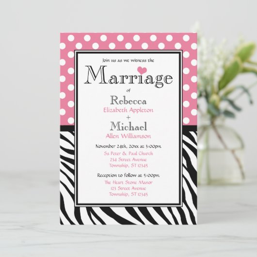 水玉模様ピンク&ゼブラプリント結婚式招待状 招待状 (スタンド正面)