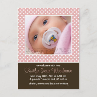 水玉模様ピンク/ブラウン・ベビー発表 案内ポストカード