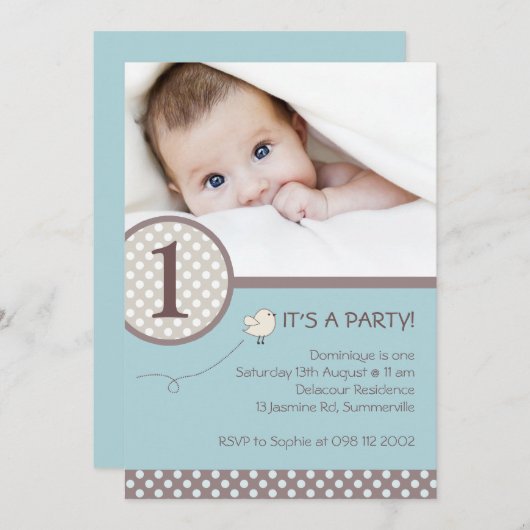 水玉模様ブルーキッズフォト誕生日招待状 招待状 (正面/裏面)