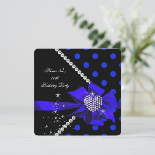 水玉模様ブルーハートジュエルジェムズブラック誕生日 招待状 (スタンド正面)