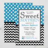 水玉模様ブルー&シェブロンSweet sixteen招待状 招待状 (正面/裏面)