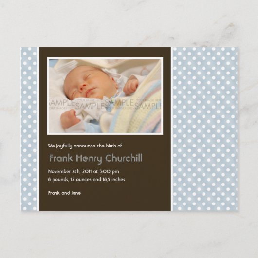 水玉模様ブルー/ブラウン・ベビー発表 案内ポストカード (正面)