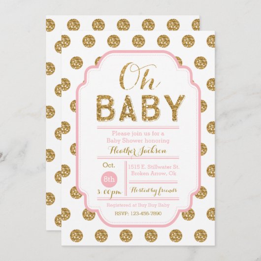水玉模様ベビーシャワー招待状 – ピンクと金ゴールド 招待状 (正面/裏面)