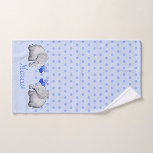 水玉模様ベビー名ブルーエレファントシャワー子供部屋 バスタオルセット (ハンドタオル)