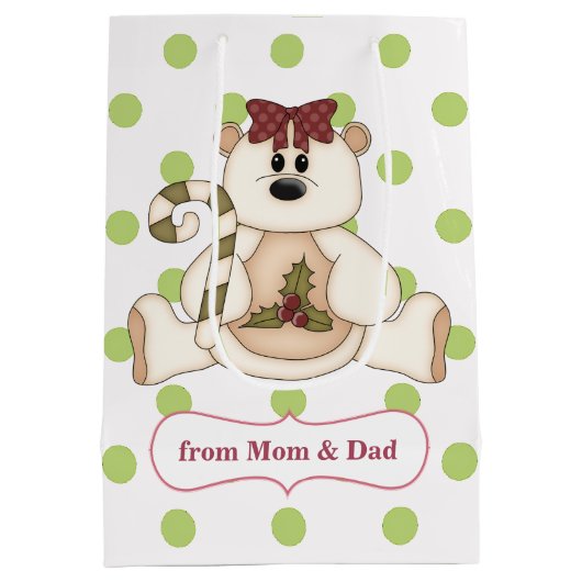 水玉模様ポーラーベアパーソナライズされたクリスマス ミディアムペーパーバッグ (裏面)