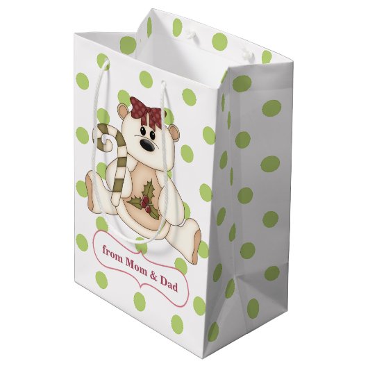 水玉模様ポーラーベアパーソナライズされたクリスマス ミディアムペーパーバッグ (裏面アングル)