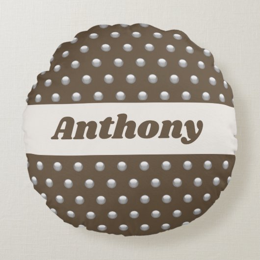 水玉模様メタリック銀とダークブラウン斑点 ラウンドクッション (正面)