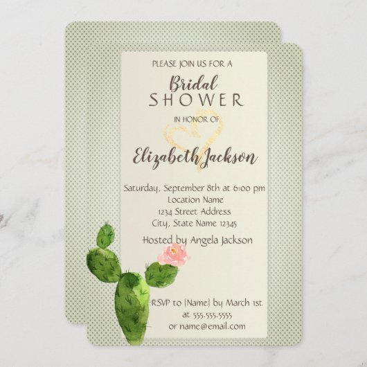 水玉模様モダンサボテンハートブライダルシャワー 招待状 (正面/裏面)