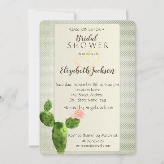 水玉模様モダンサボテンハートブライダルシャワー 招待状 (正面)