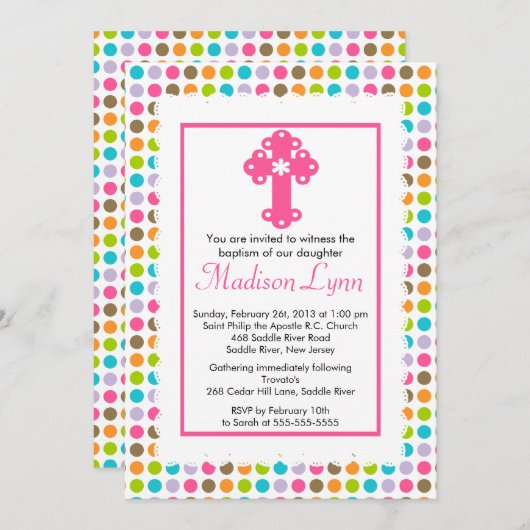 水玉模様モダンベビーガールバプテスマ《キリスト教》洗礼式や命名式 招待状 (正面/裏面)