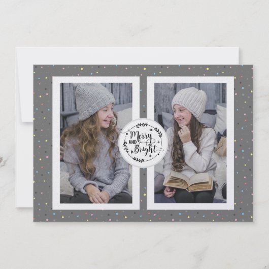 水玉模様モダン2枚のフォトクリスマスカードグレー シーズンカード (正面)