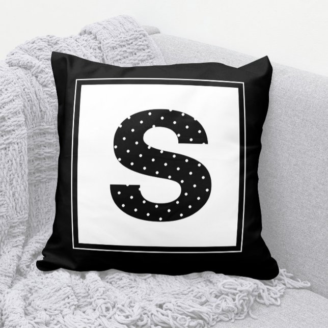 水玉模様モノグラム（白黒） アウトドアクッション (Cute Polka Dot Monogram Throw Pillow in Black and White )