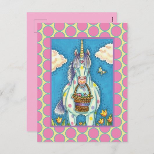 水玉模様ユニコーン及びイースターエッグバスケット、ファンタジー シーズンポストカード (正面/裏面)