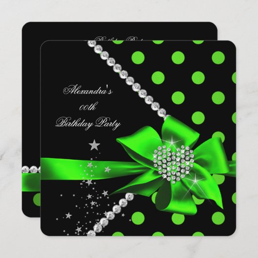 水玉模様ライムハートジュエルジェムズブラック誕生日 招待状 (正面/裏面)