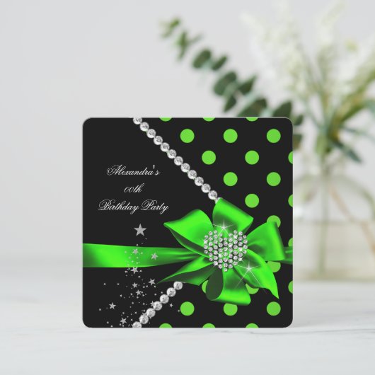 水玉模様ライムハートジュエルジェムズブラック誕生日 招待状 (スタンド正面)