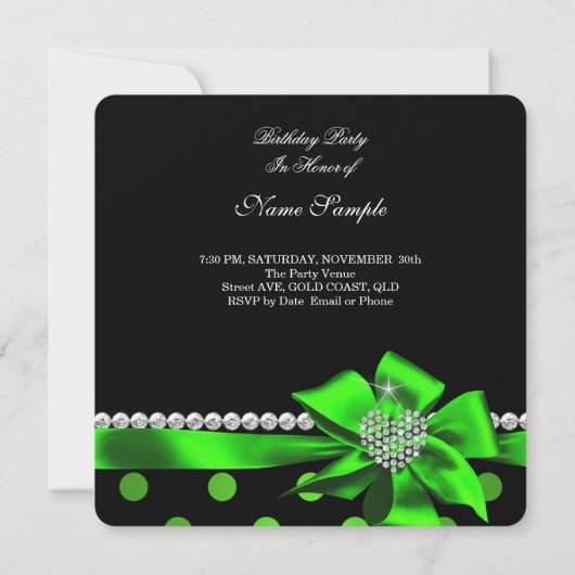 水玉模様ライムハートジュエルジェムズブラック誕生日 招待状 (裏面)