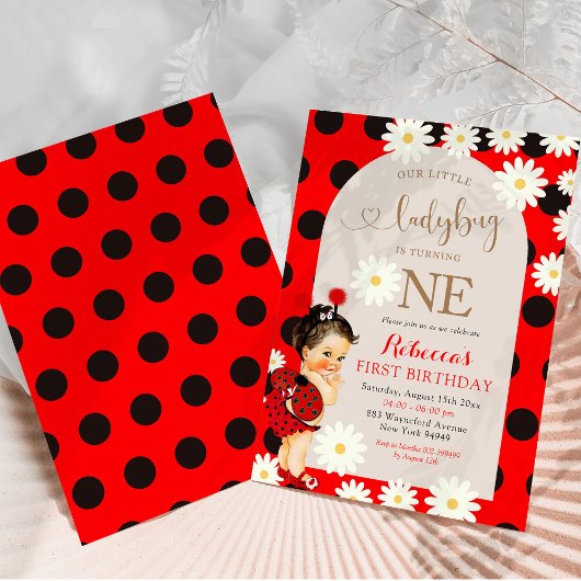 水玉模様ラディバグデイジーブラウンヘアファースト誕生日 招待状