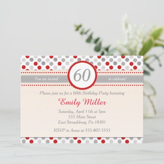 水玉模様レッドグレーのアダルト誕生日パーティーの招待 招待状 (スタンド正面)