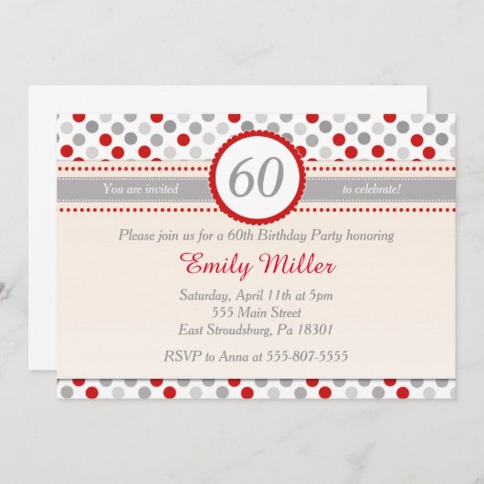 水玉模様レッドグレーのアダルト誕生日パーティーの招待 招待状 (正面/裏面)
