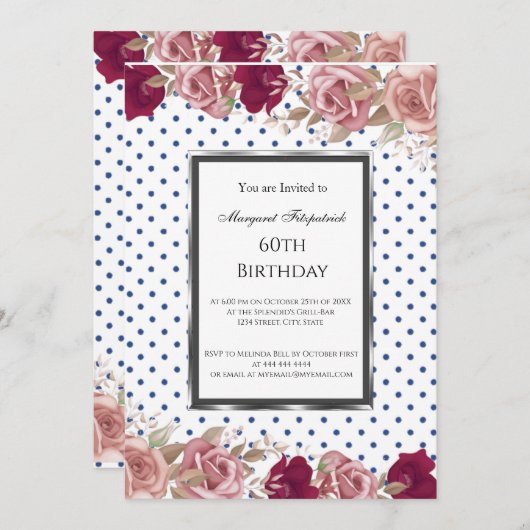 水玉模様レッドピンクローズ誕生日ホワイト 招待状 (正面/裏面)