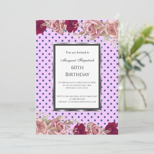 水玉模様レッドピンクローズ誕生日 招待状 (スタンド正面)