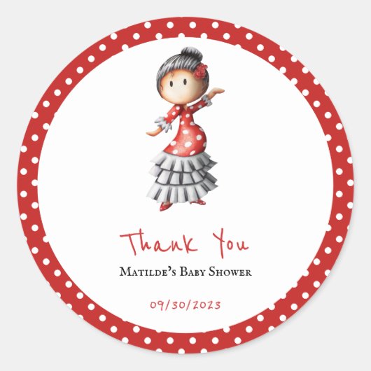 水玉模様レッドホワイトフラメンコセヴィラナダンサー ラウンドシール (正面)