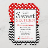 水玉模様レッド&シェブロンSweet sixteen招待状 招待状 (正面/裏面)