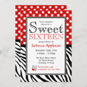 水玉模様レッド&ゼブラプリントSweet sixteen 招待状 (正面/裏面)