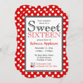 水玉模様レッド&ホワイトSweet sixteen招待状 招待状 (正面/裏面)