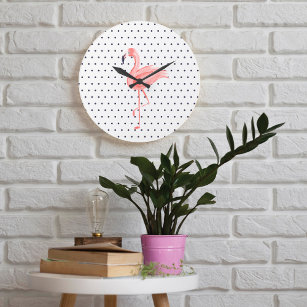 水玉模様レトピンクウォーターカラーフラミンゴ ラージ壁時計