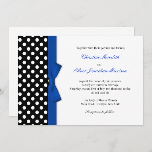 水玉模様付きブルーボウ結婚式招待状 招待状 (正面/裏面)