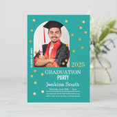 水玉模様卒業紙吹雪ティール(緑がかった色)金ゴールド写真 招待状 (スタンド正面)