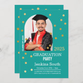 水玉模様卒業紙吹雪ティール(緑がかった色)金ゴールド写真 招待状 (正面/裏面)