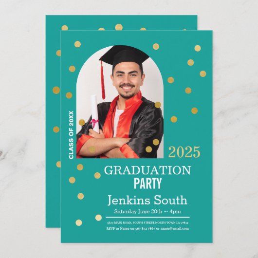 水玉模様卒業紙吹雪ティール（緑がかった色）金ゴールド写真 招待状 (正面/裏面)