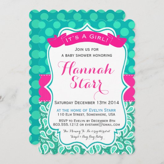 水玉模様及びペイズリーのベビーシャワーの招待状 招待状 (正面/裏面)