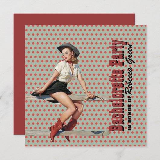 水玉模様女性のカーボーイ西部バチェロレッテ 招待状 (正面/裏面)