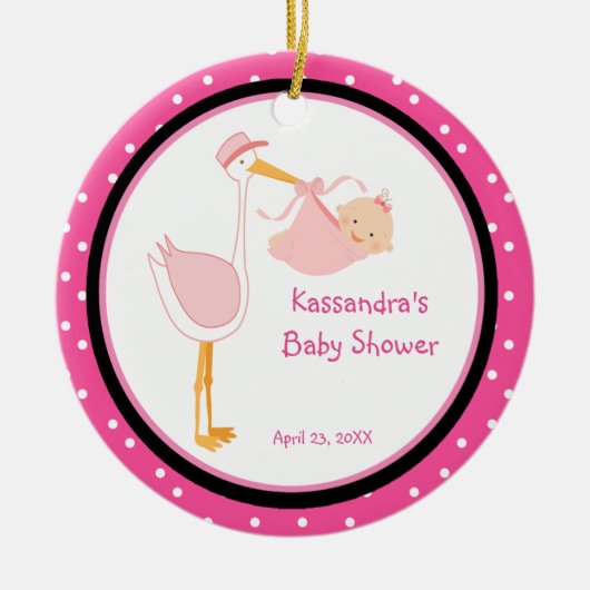 水玉模様愛らしいストークベビーガールシャワーオーナメント セラミックオーナメント (正面)