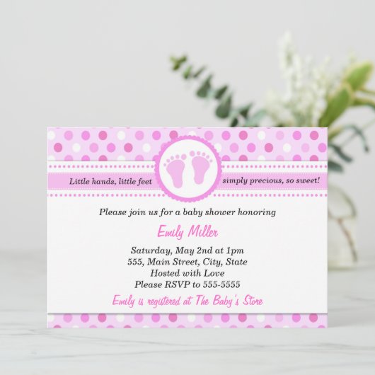 水玉模様招待状ベビーガールシャワーピンク 招待状 (スタンド正面)