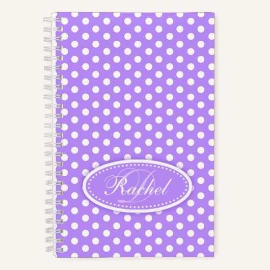 水玉模様模様パープル名前をカスタムするイニシャル ノートブック (正面)