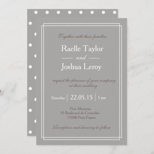 水玉模様灰色の白いトペ結婚ミニマル 招待状 (正面/裏面)